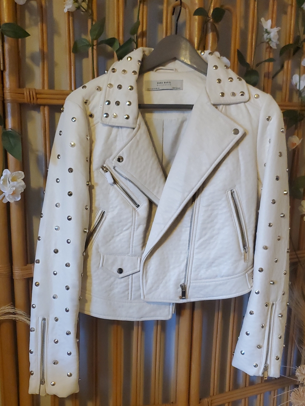 Zara White Studded Moto Leather Jacket